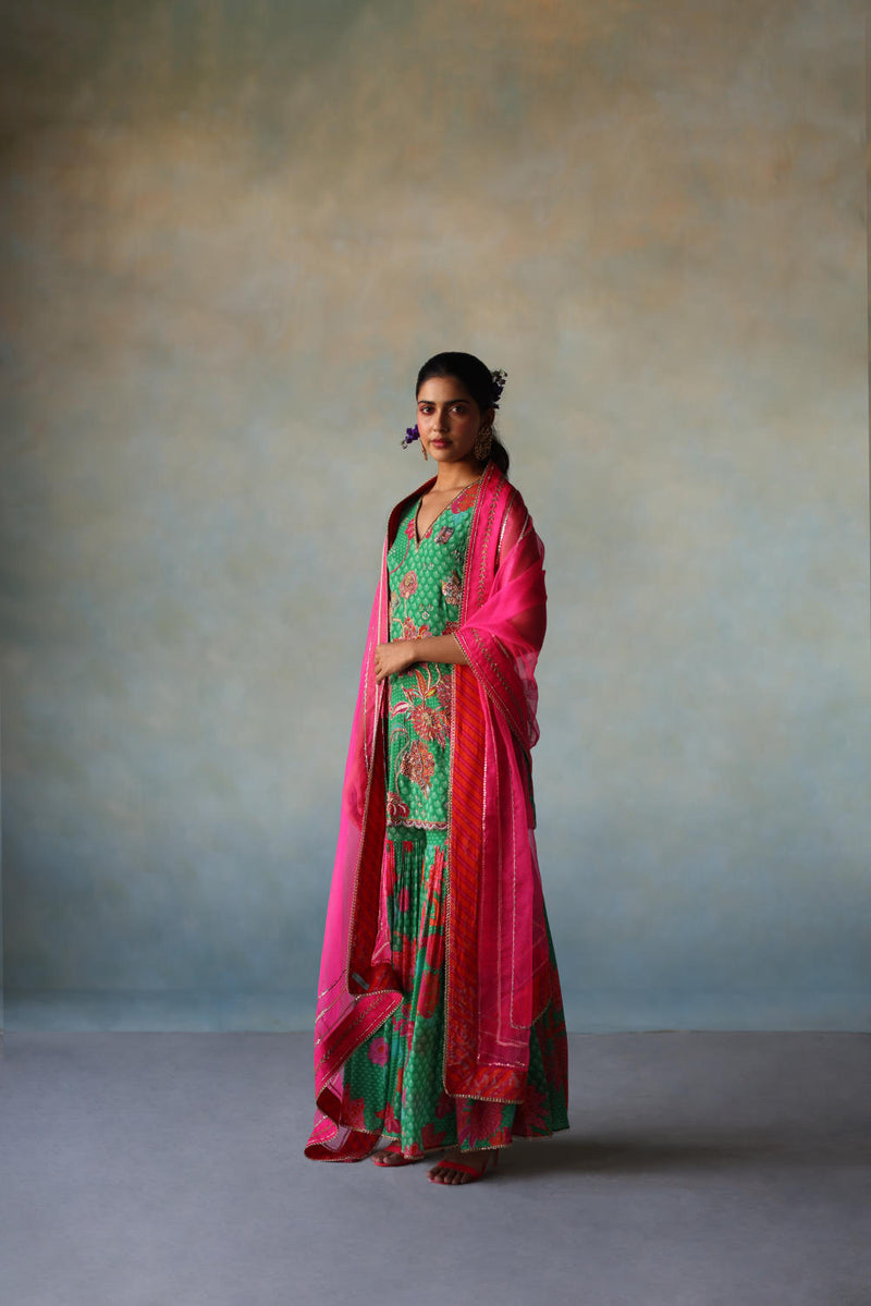 GUL GREEN FLORAL CREPE GHARARA SET by Rajiramniq for women in Singapore