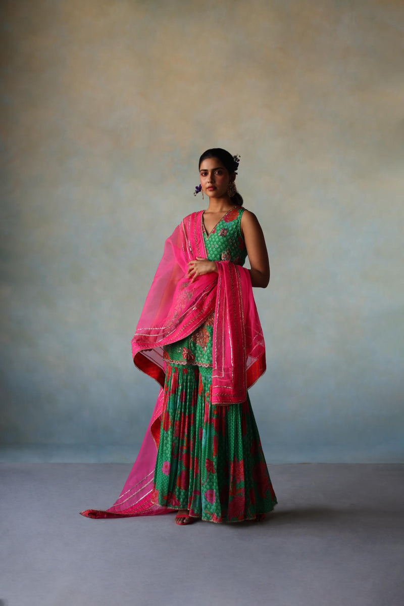 GUL GREEN FLORAL CREPE GHARARA SET by Rajiramniq for women in Singapore
