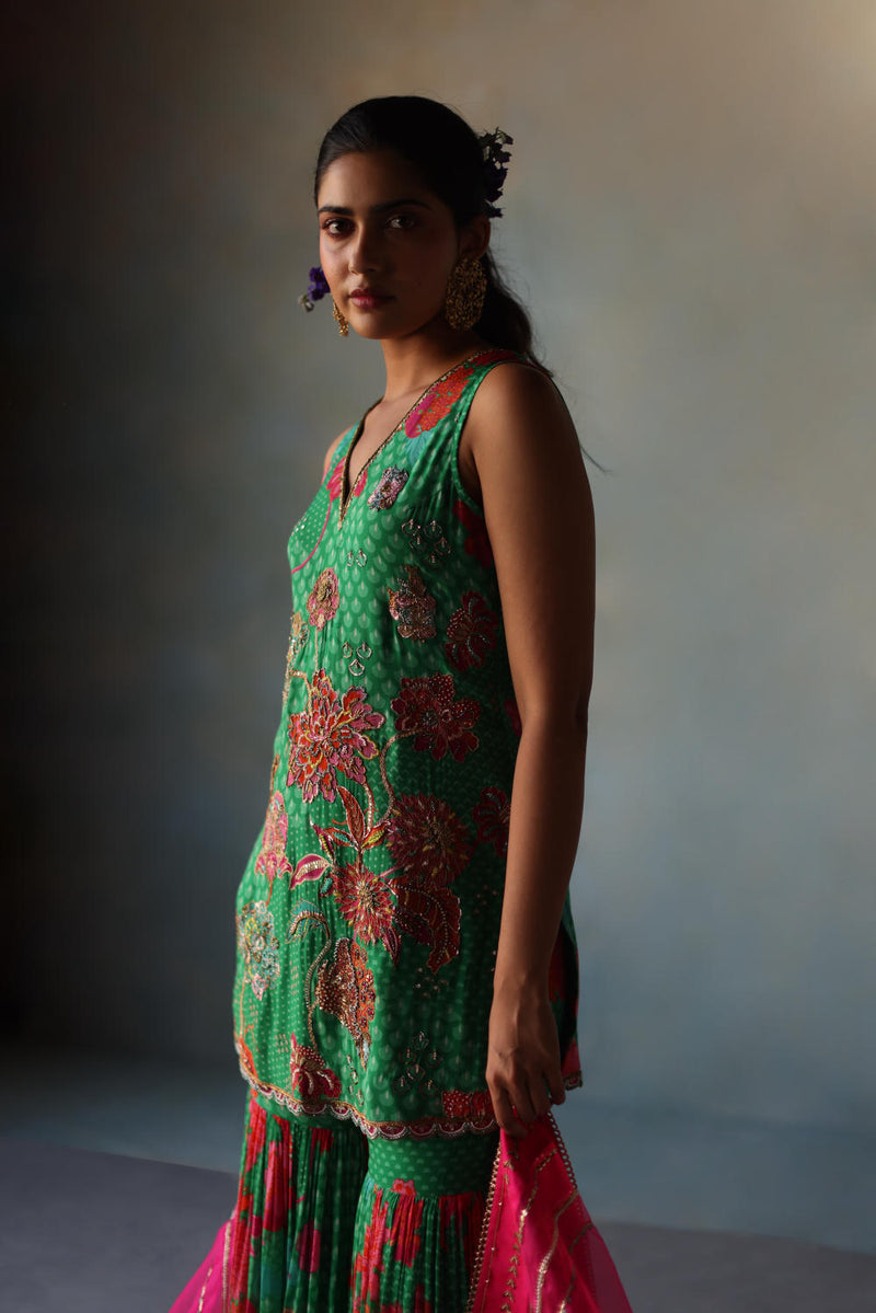 GUL GREEN FLORAL CREPE GHARARA SET by Rajiramniq for women in Singapore