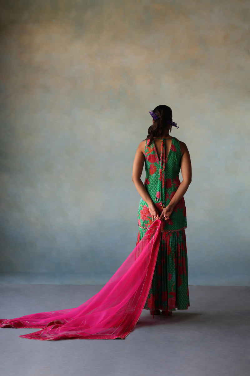 GUL GREEN FLORAL CREPE GHARARA SET by Rajiramniq for women in Singapore