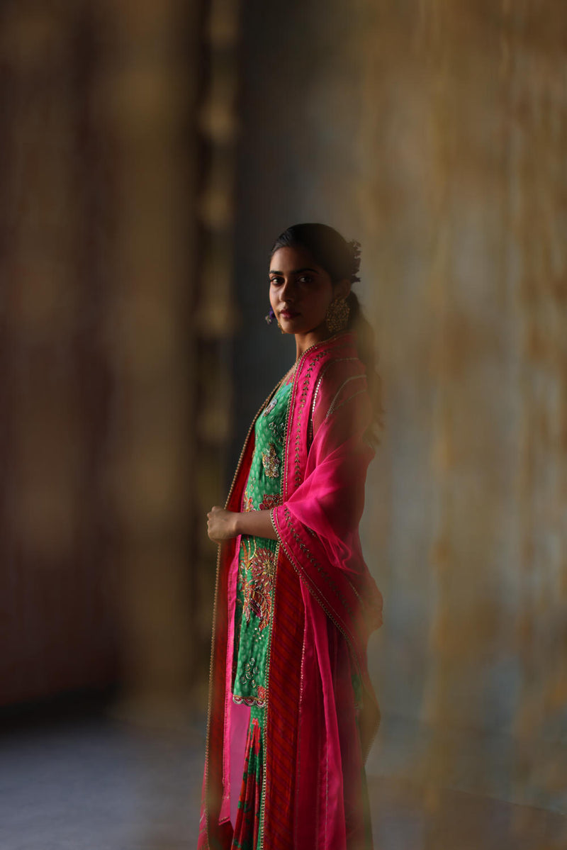 GUL GREEN FLORAL CREPE GHARARA SET by Rajiramniq for women in Singapore