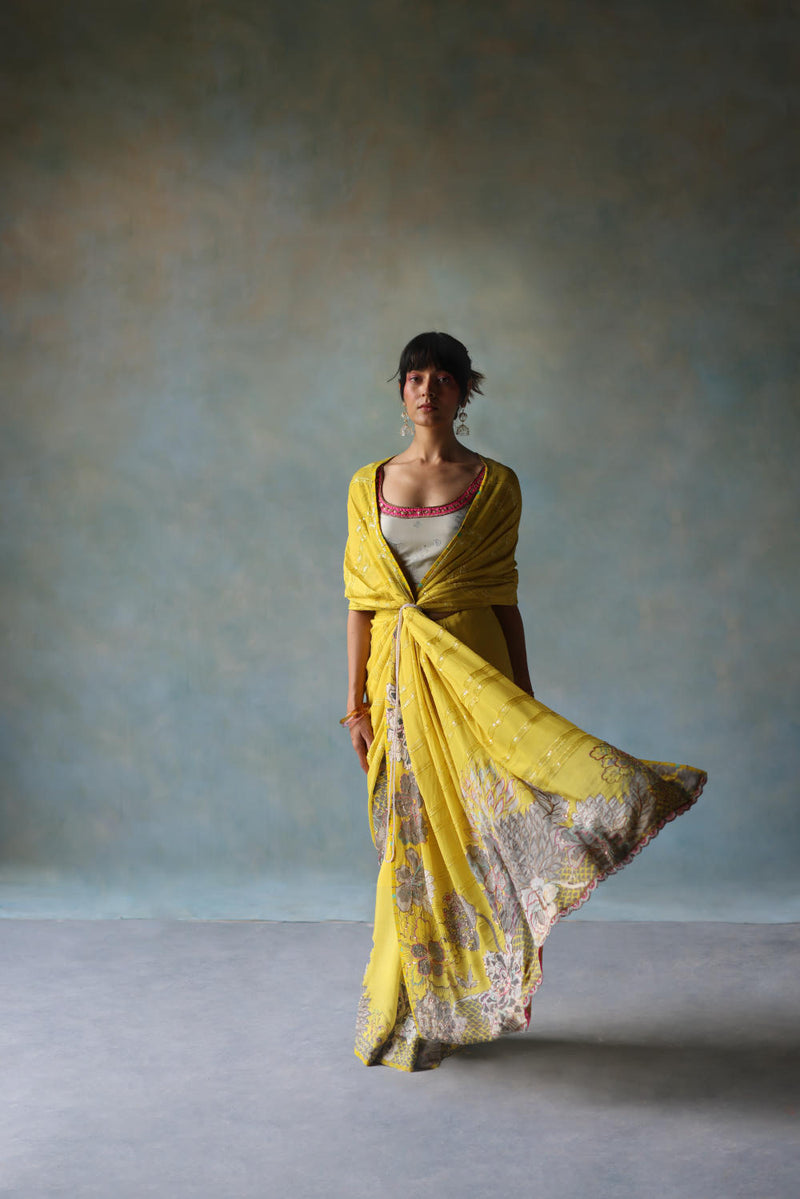 GUL YELLOW PRINTED STRIPE CREPE SARI by Rajiramniq for women in Singapore