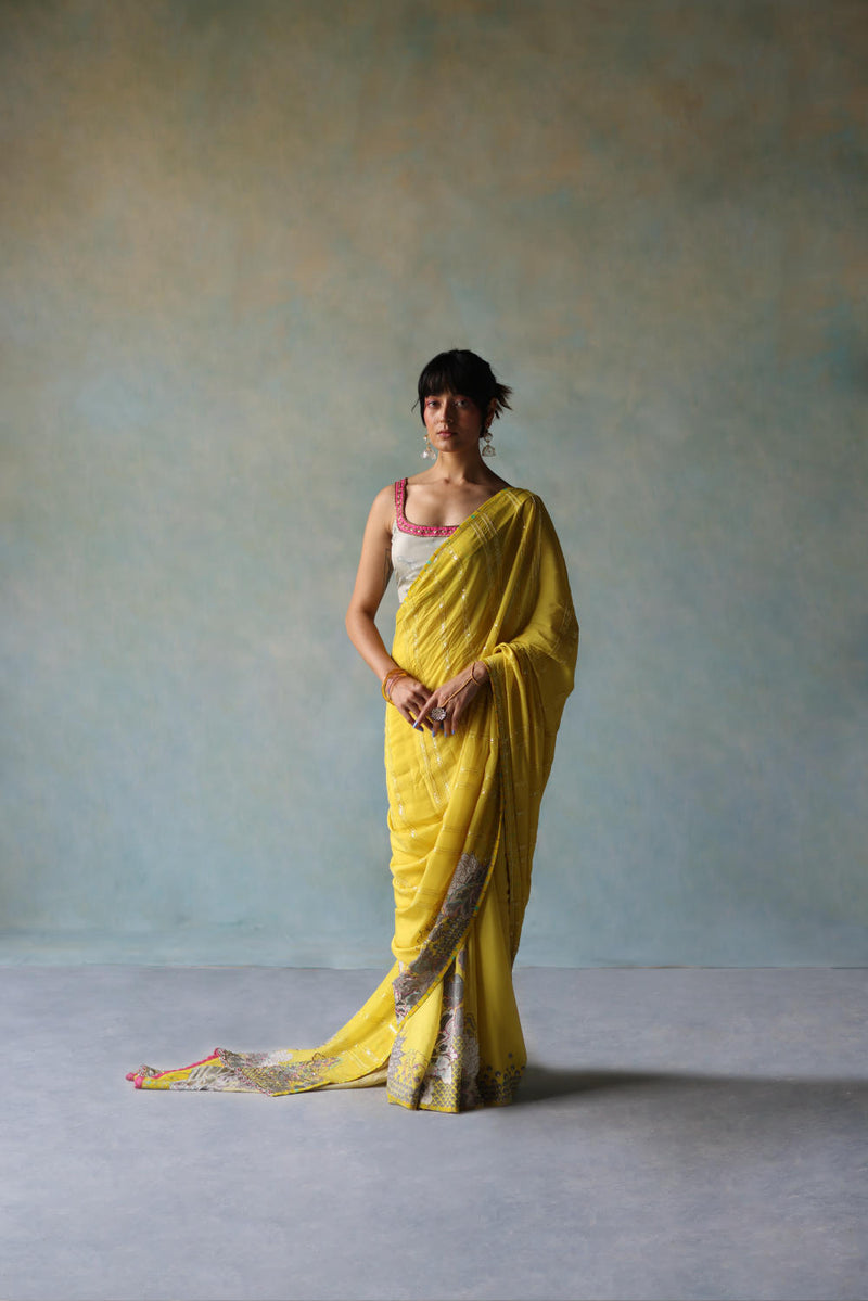GUL YELLOW PRINTED STRIPE CREPE SARI by Rajiramniq for women in Singapore