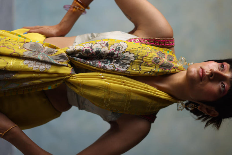 GUL YELLOW PRINTED STRIPE CREPE SARI by Rajiramniq for women in Singapore