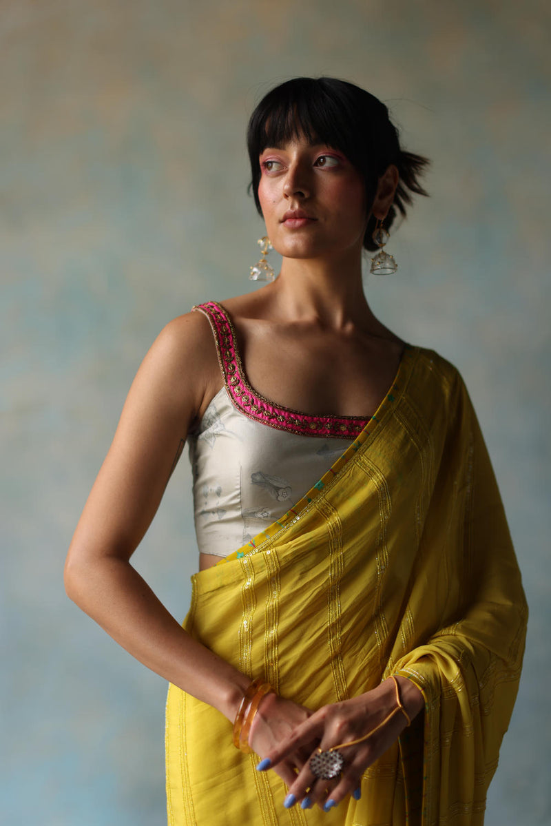 GUL YELLOW PRINTED STRIPE CREPE SARI by Rajiramniq for women in Singapore