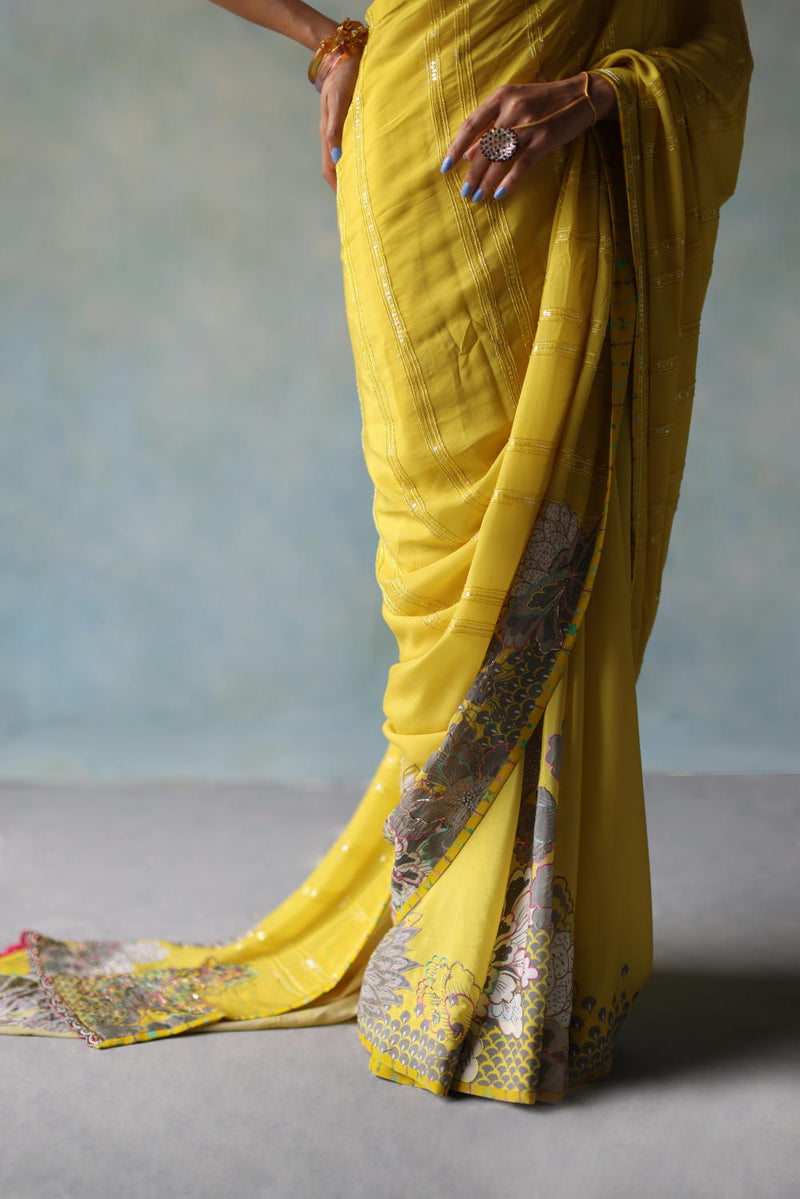 GUL YELLOW PRINTED STRIPE CREPE SARI by Rajiramniq for women in Singapore