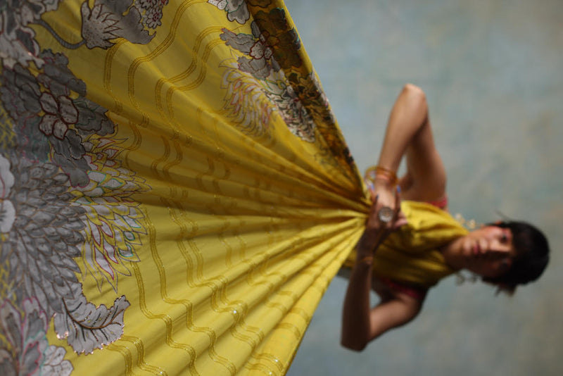 GUL YELLOW PRINTED STRIPE CREPE SARI by Rajiramniq for women in Singapore