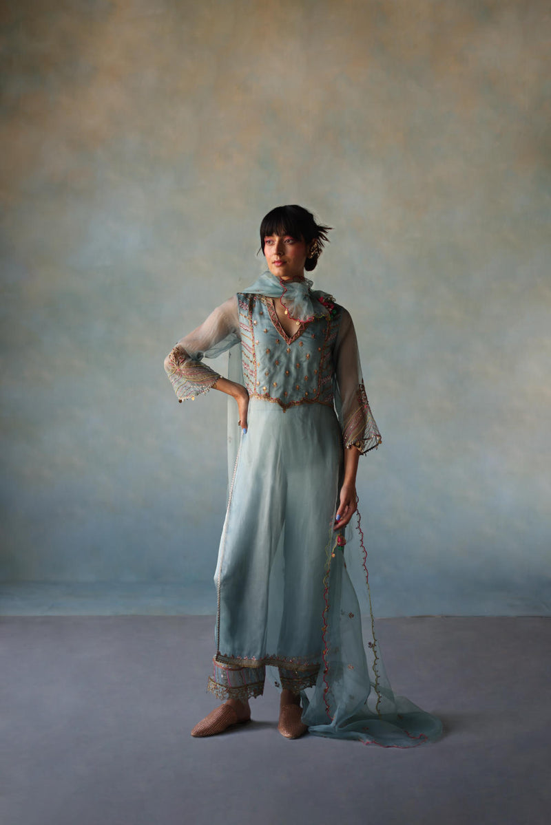 GUL ICE BLUE ORGANZA KURTA SET organza by Rajiramniq for women in Singapore