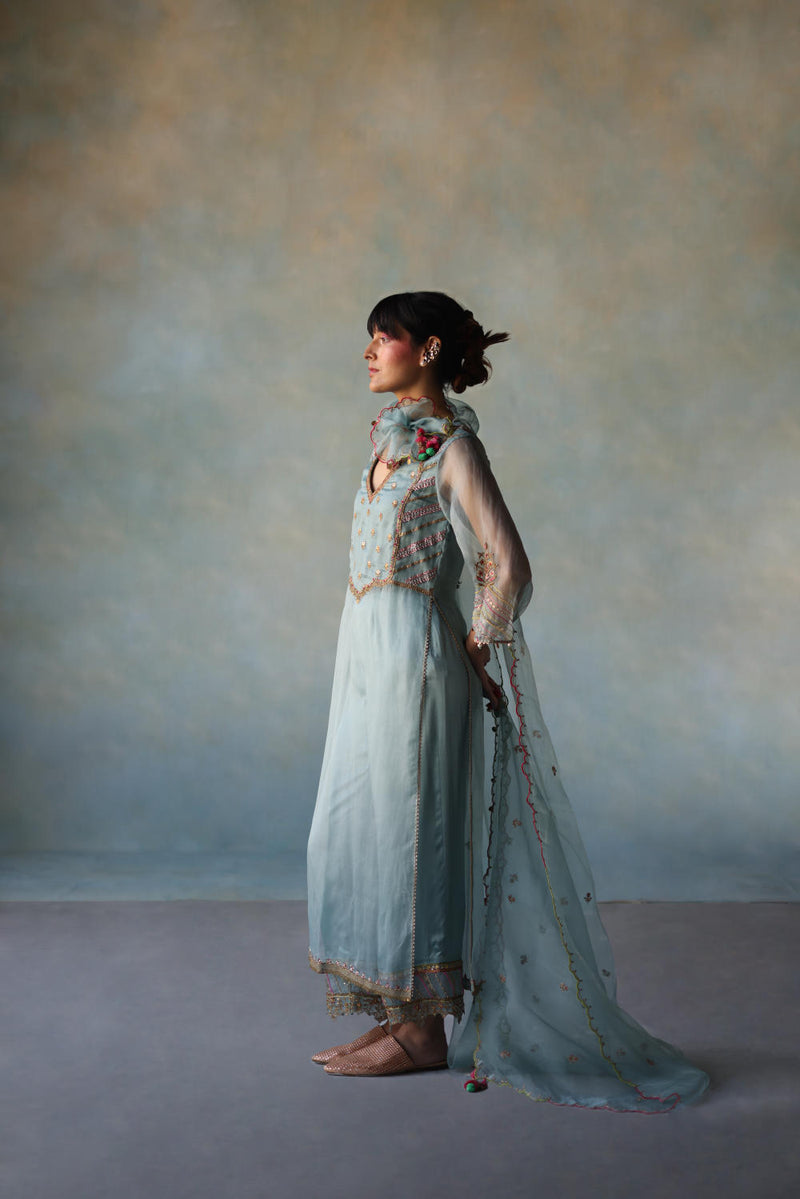 GUL ICE BLUE ORGANZA KURTA SET organza by Rajiramniq for women in Singapore