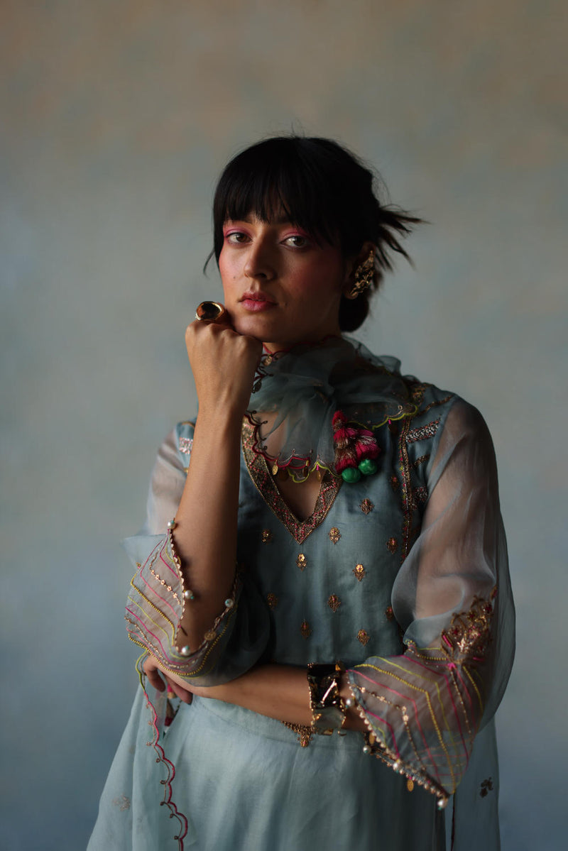 GUL ICE BLUE ORGANZA KURTA SET organza by Rajiramniq for women in Singapore