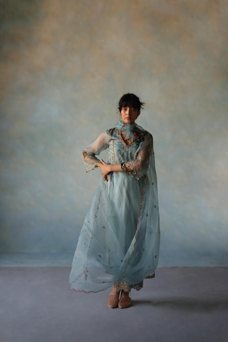 GUL ICE BLUE ORGANZA KURTA SET organza by Rajiramniq for women in Singapore