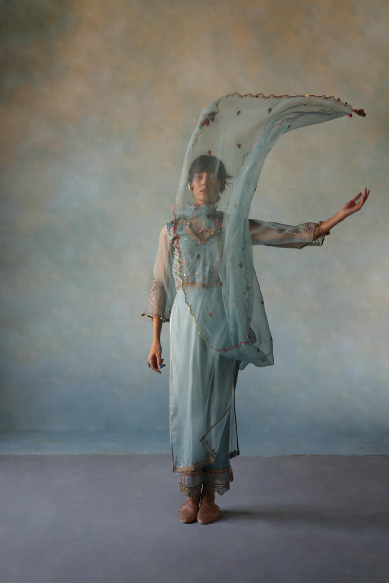 GUL ICE BLUE ORGANZA KURTA SET organza by Rajiramniq for women in Singapore