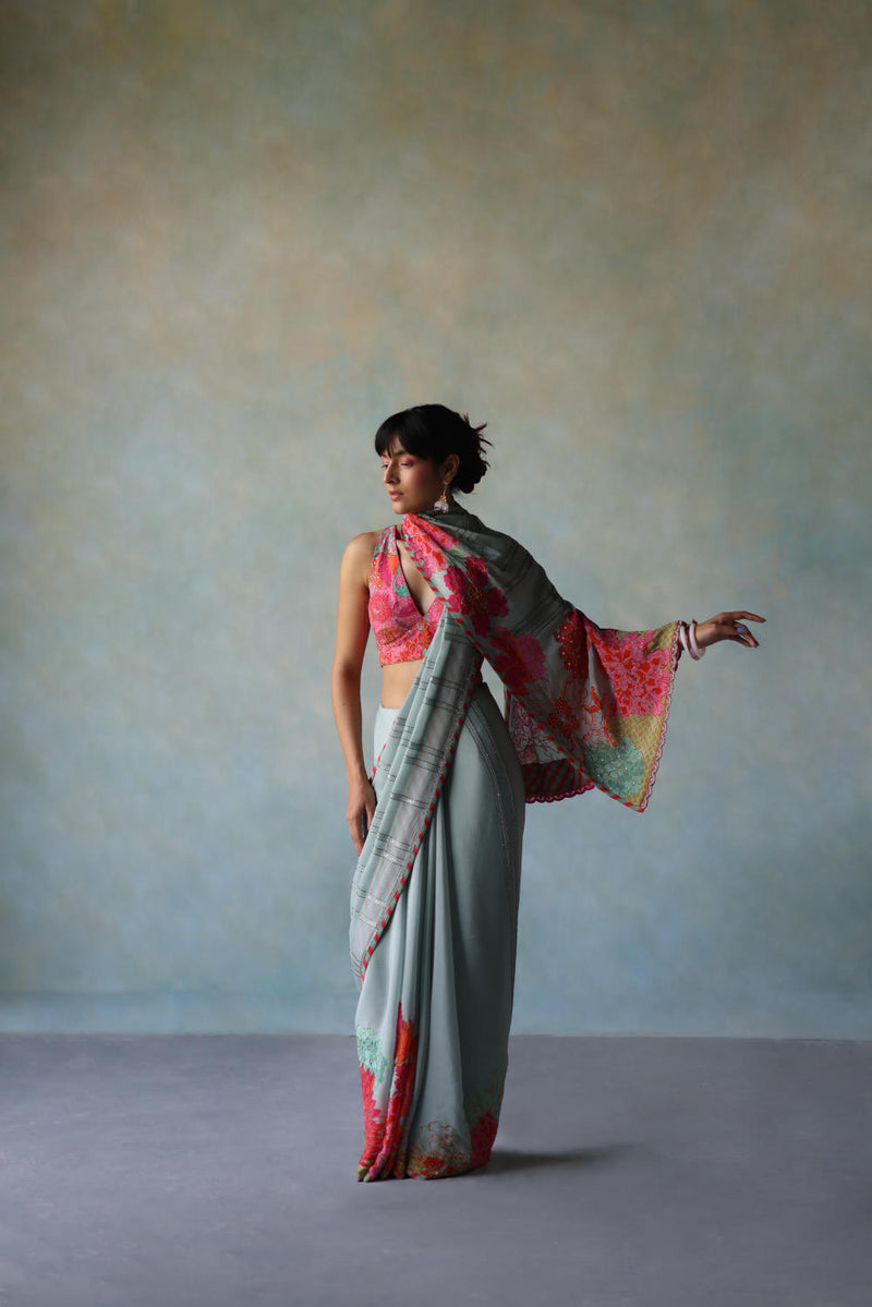 GUL ICE BLUE PRINTED STRIPE CREPE SARI by Rajiramniq for women in Singapore