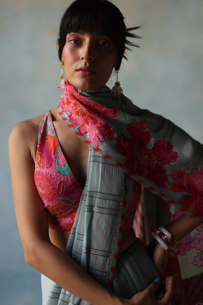 GUL ICE BLUE PRINTED STRIPE CREPE SARI by Rajiramniq for women in Singapore