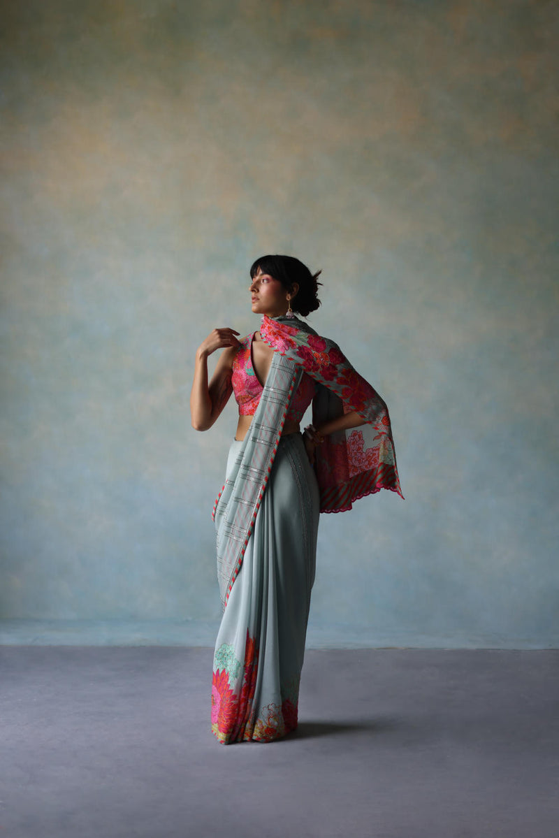 GUL ICE BLUE PRINTED STRIPE CREPE SARI by Rajiramniq for women in Singapore