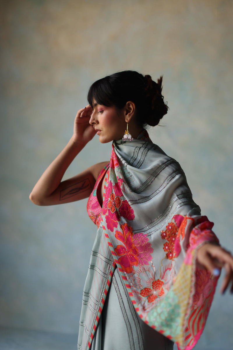 GUL ICE BLUE PRINTED STRIPE CREPE SARI by Rajiramniq for women in Singapore