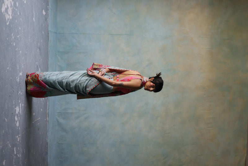 GUL ICE BLUE PRINTED STRIPE CREPE SARI by Rajiramniq for women in Singapore