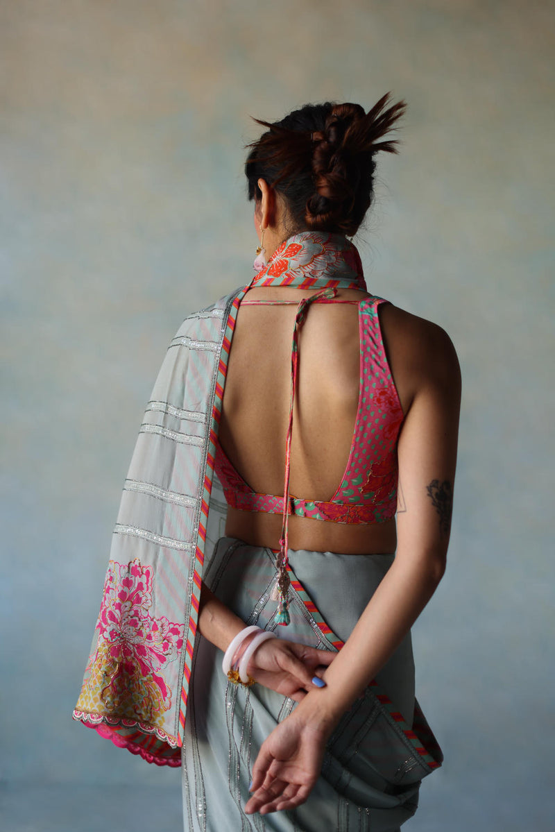 GUL ICE BLUE PRINTED STRIPE CREPE SARI by Rajiramniq for women in Singapore