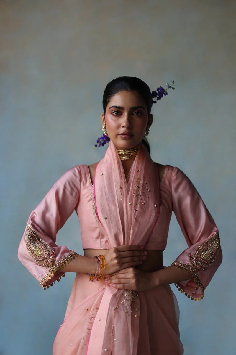 Gul Pastel Pink Sequin Flower Sari organza , silk by Rajiramniq in pink for women in Singapore