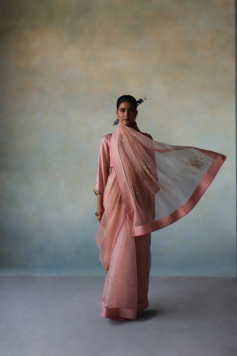 Gul Pastel Pink Sequin Flower Sari organza , silk by Rajiramniq in pink for women in Singapore