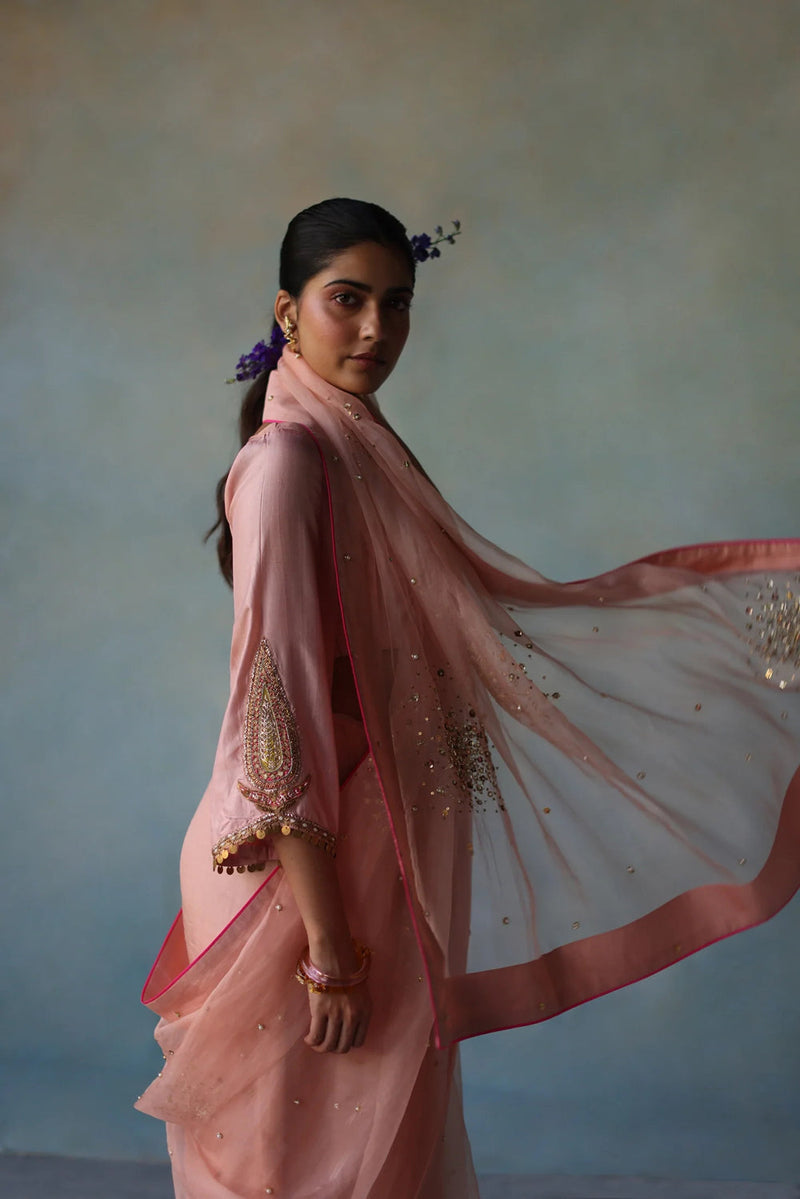 Gul Pastel Pink Sequin Flower Sari organza , silk by Rajiramniq in pink for women in Singapore