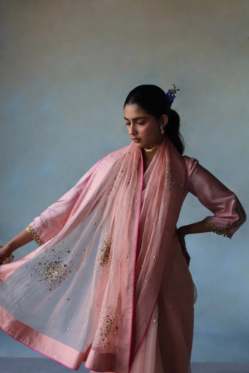Gul Pastel Pink Sequin Flower Sari organza , silk by Rajiramniq in pink for women in Singapore