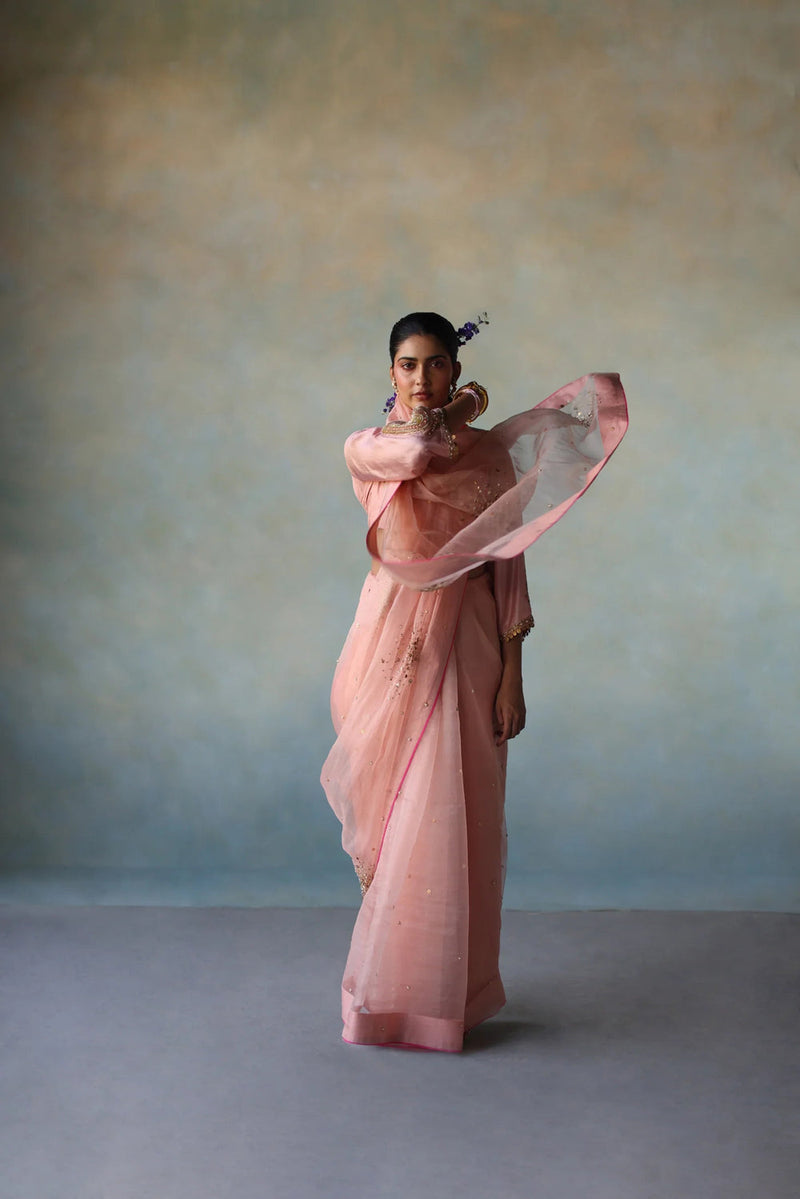 Gul Pastel Pink Sequin Flower Sari organza , silk by Rajiramniq in pink for women in Singapore