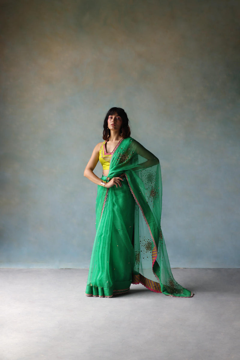 GUL GREEN SEQUIN FLOWER SARI organza by Rajiramniq for women in Singapore