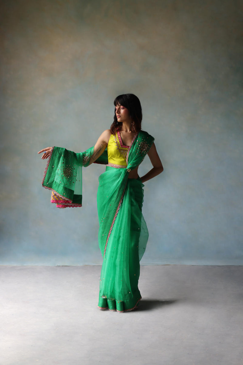 GUL GREEN SEQUIN FLOWER SARI organza by Rajiramniq for women in Singapore
