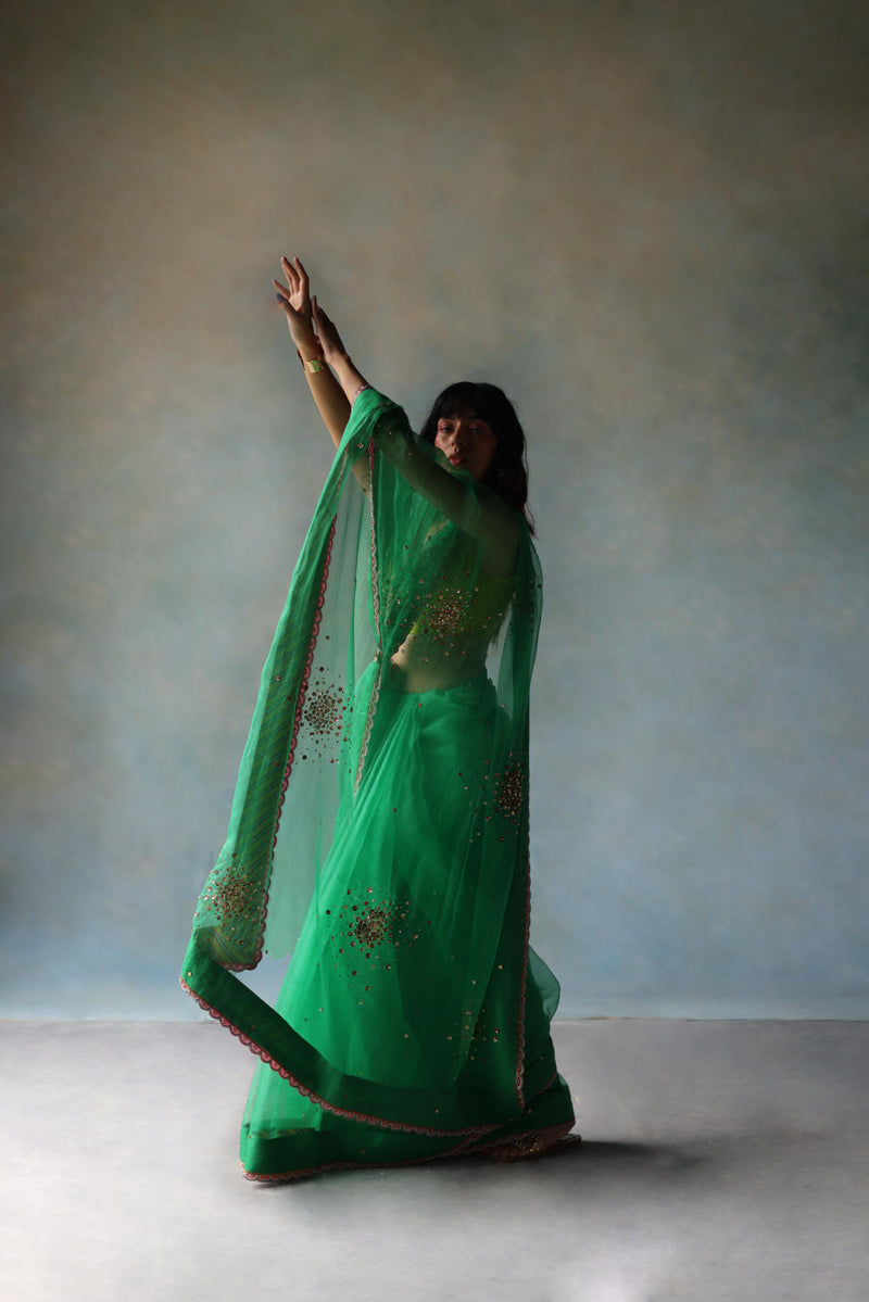 GUL GREEN SEQUIN FLOWER SARI organza by Rajiramniq for women in Singapore