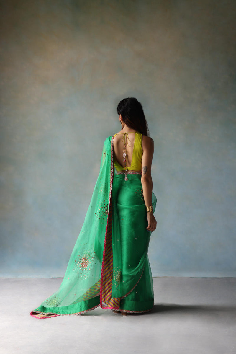 GUL GREEN SEQUIN FLOWER SARI organza by Rajiramniq for women in Singapore