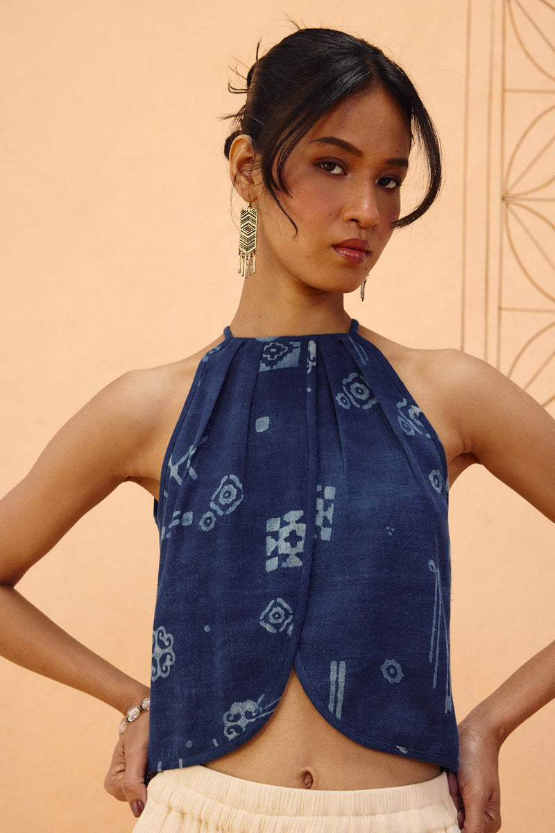 Garden Of Harmony Handspun Handwoven Organic Cotton Halter Top organic cotton top/shirt by SUI in indigo for women in Singapore