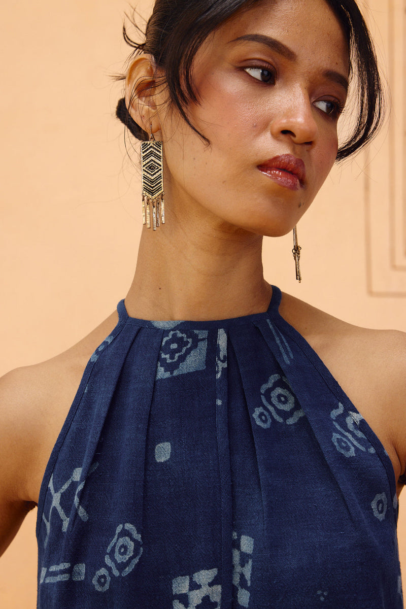 Garden Of Harmony Handspun Handwoven Organic Cotton Halter Top organic cotton top/shirt by SUI in indigo for women in Singapore