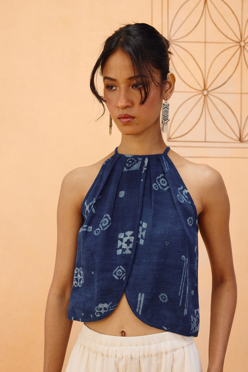 Garden Of Harmony Handspun Handwoven Organic Cotton Halter Top organic cotton top/shirt by SUI in indigo for women in Singapore