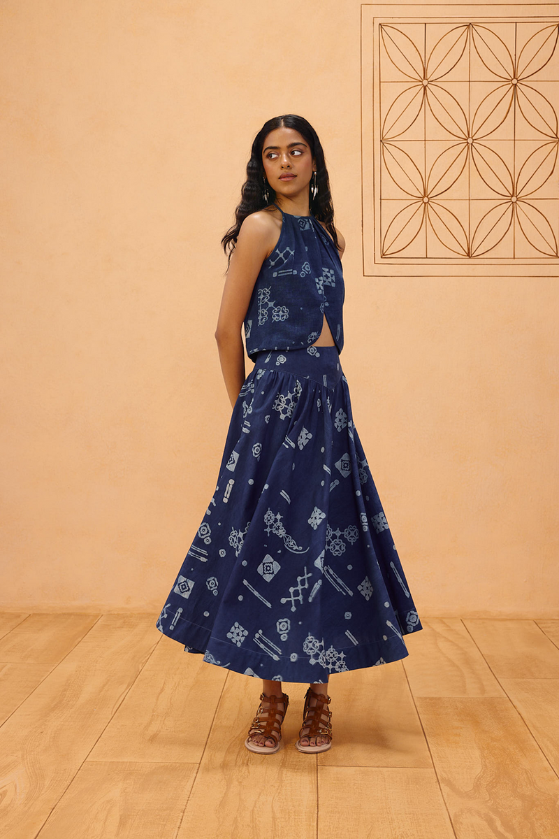 Garden Of Harmony Organic Cotton Maxi Skirt organic cotton poplin pant/trouser by SUI in indigo for women in Singapore