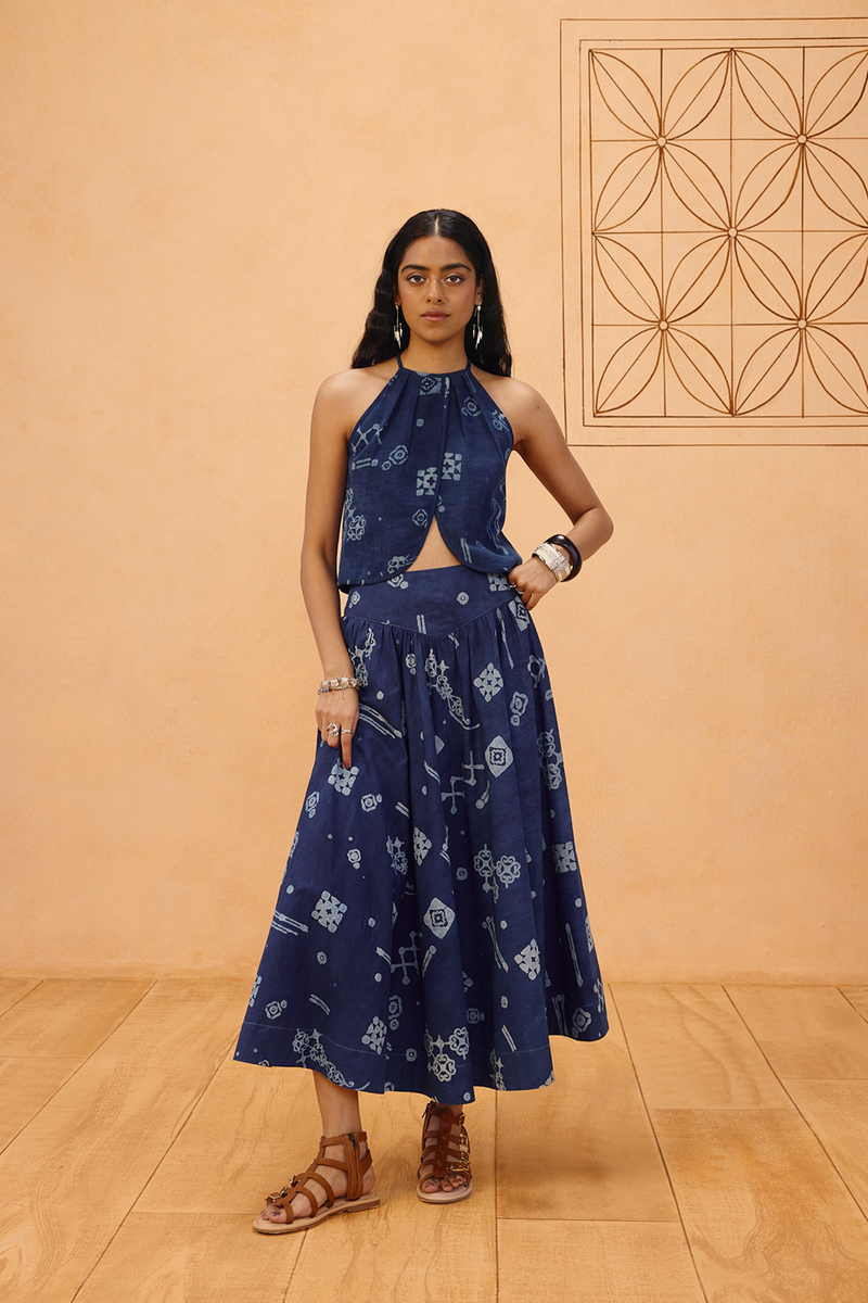 Garden Of Harmony Organic Cotton Maxi Skirt organic cotton poplin pant/trouser by SUI in indigo for women in Singapore