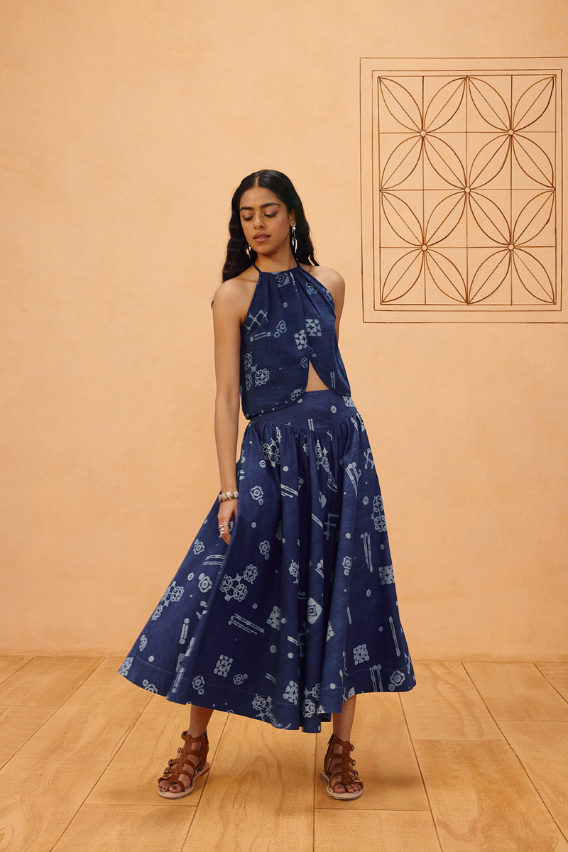 Garden Of Harmony Organic Cotton Maxi Skirt organic cotton poplin pant/trouser by SUI in indigo for women in Singapore