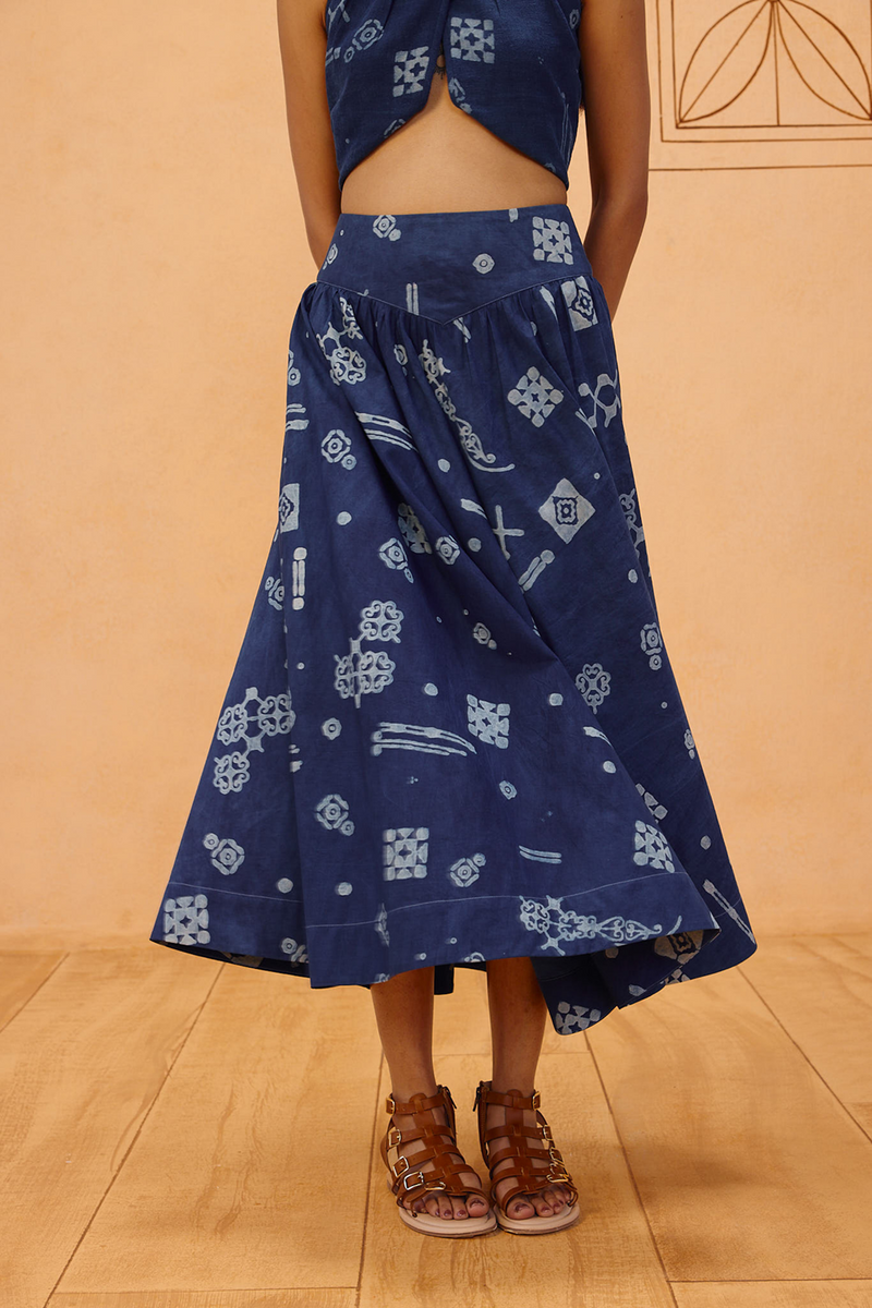 Garden Of Harmony Organic Cotton Maxi Skirt organic cotton poplin pant/trouser by SUI in indigo for women in Singapore