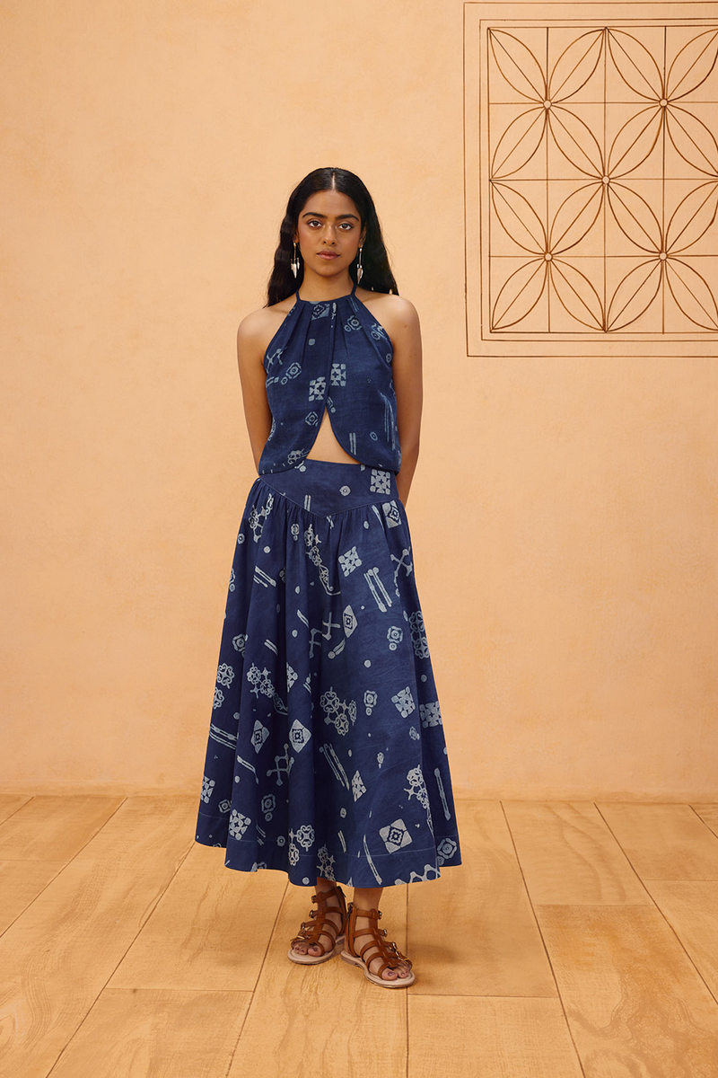 Garden Of Harmony Organic Cotton Maxi Skirt organic cotton poplin pant/trouser by SUI in indigo for women in Singapore