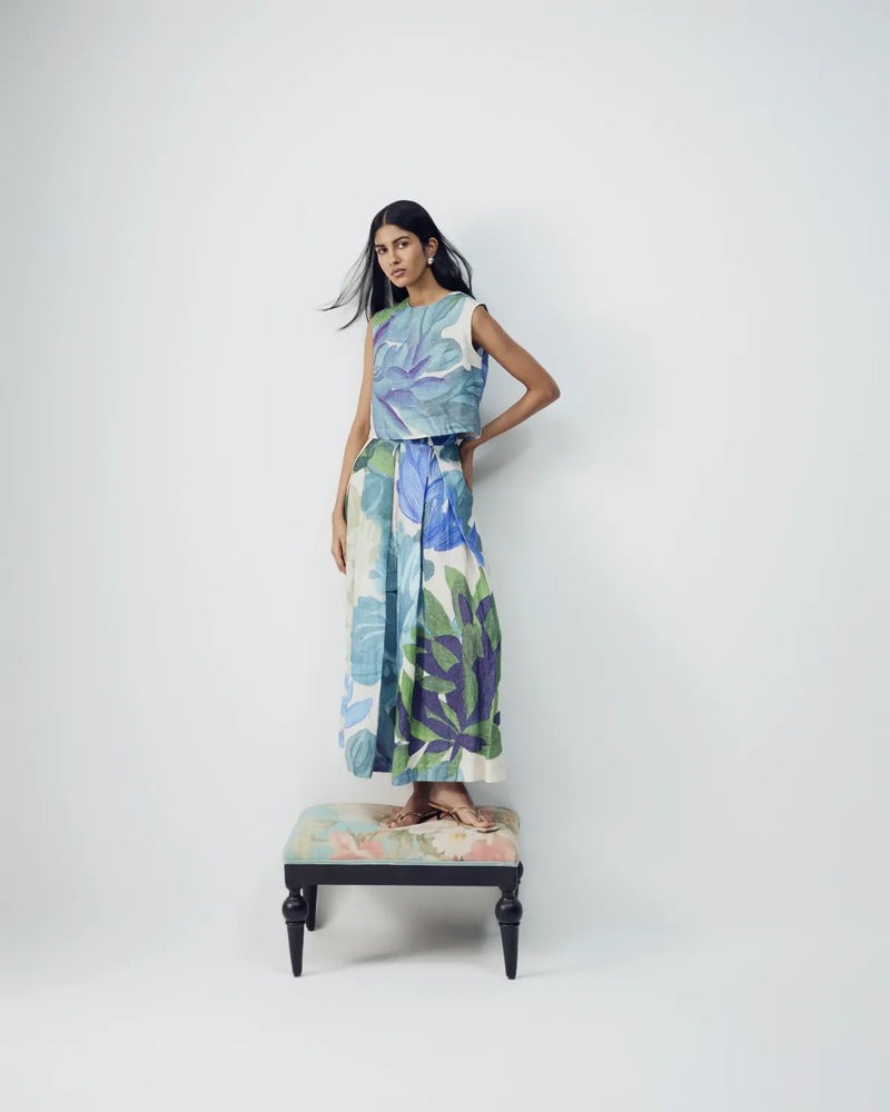 Garden Party Linen Top & Skirt Set all linen by YAM in multi color for women in Singapore