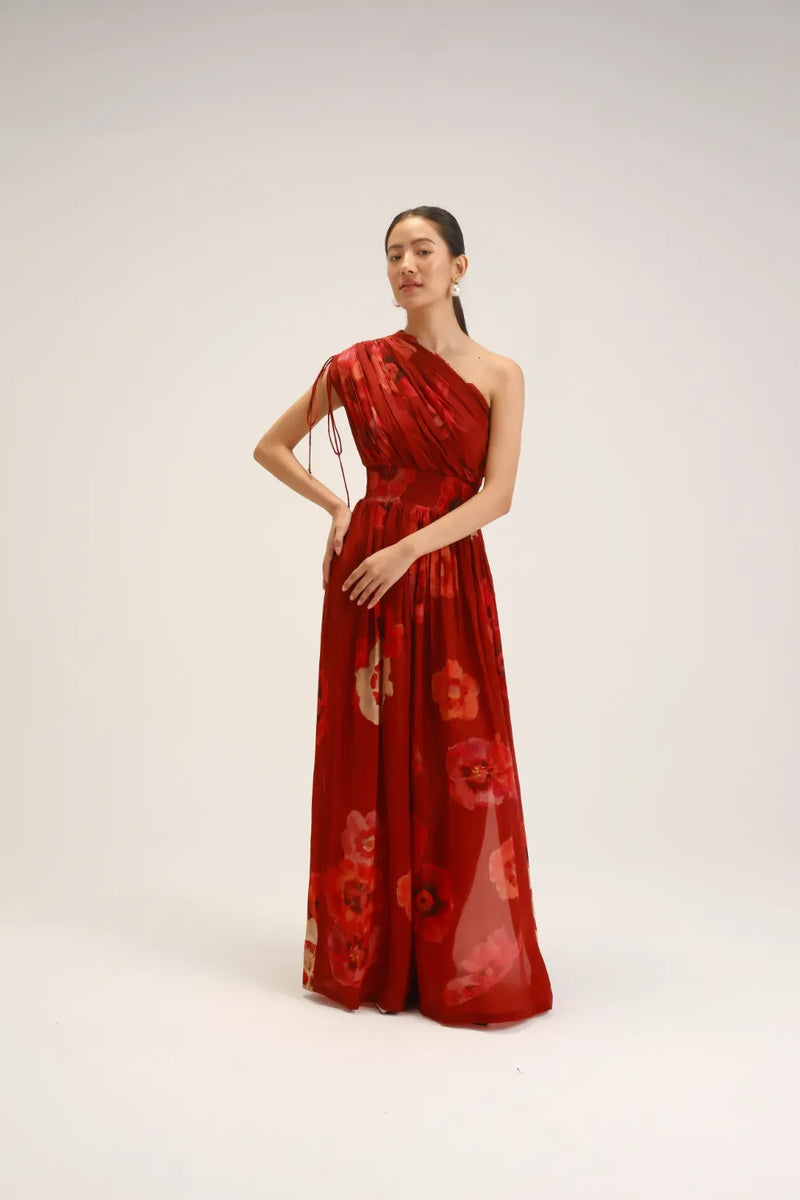 Gardenia Red One Shoulder Dress crepe dress by YAM in red for women in Singapore