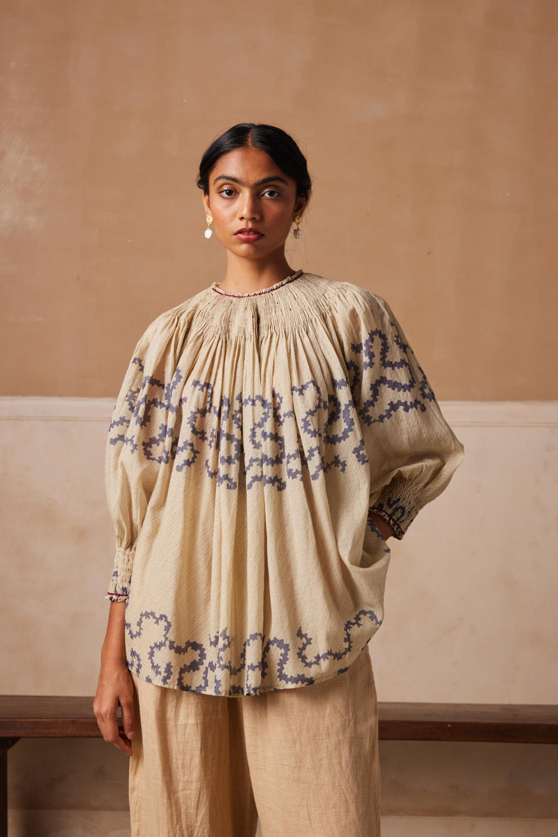 Gathered Top-Ivory Spiral cotton by CORD for women in Singapore