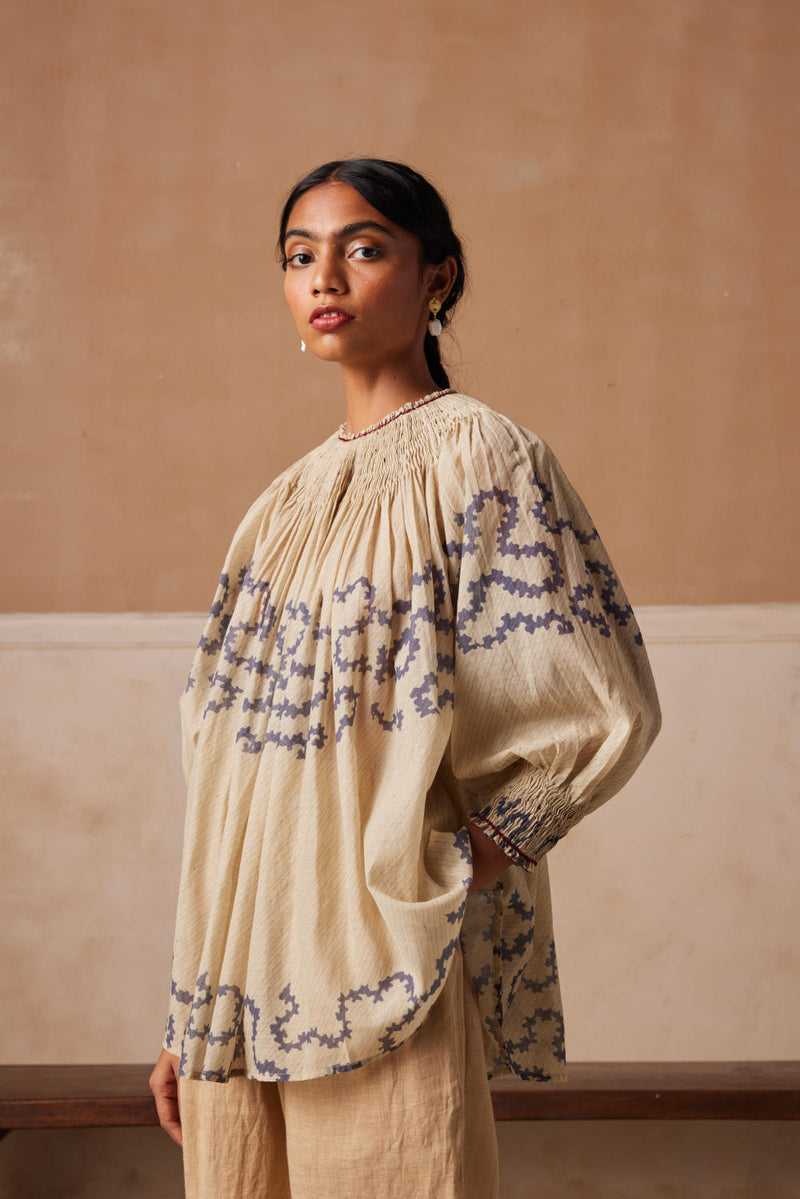 Gathered Top-Ivory Spiral cotton by CORD for women in Singapore