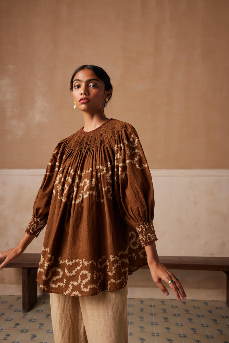 Gathered Top-Tan Spiral cotton by CORD for women in Singapore