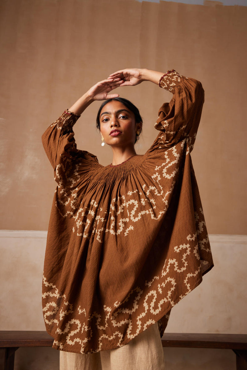 Gathered Top-Tan Spiral cotton by CORD for women in Singapore