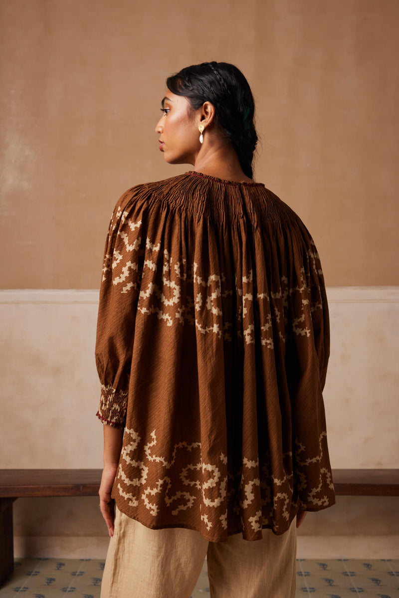 Gathered Top-Tan Spiral cotton by CORD for women in Singapore