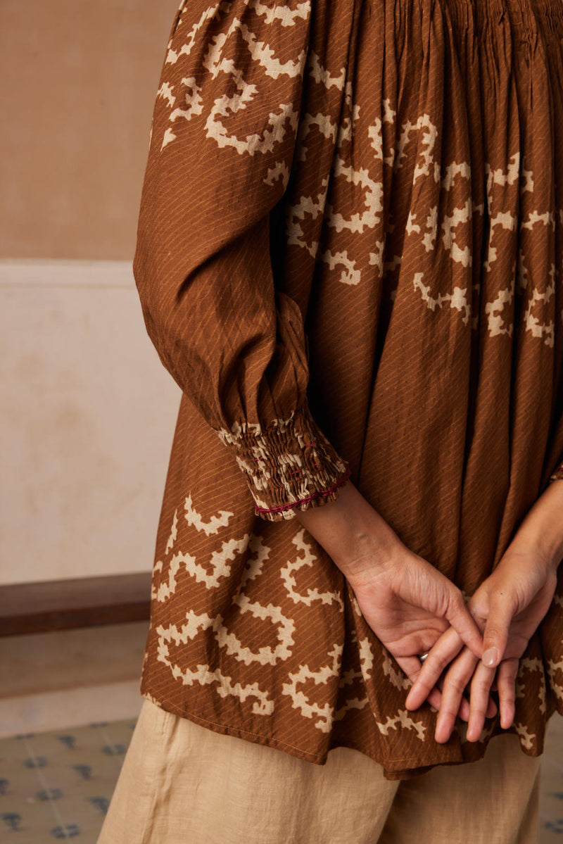 Gathered Top-Tan Spiral cotton by CORD for women in Singapore