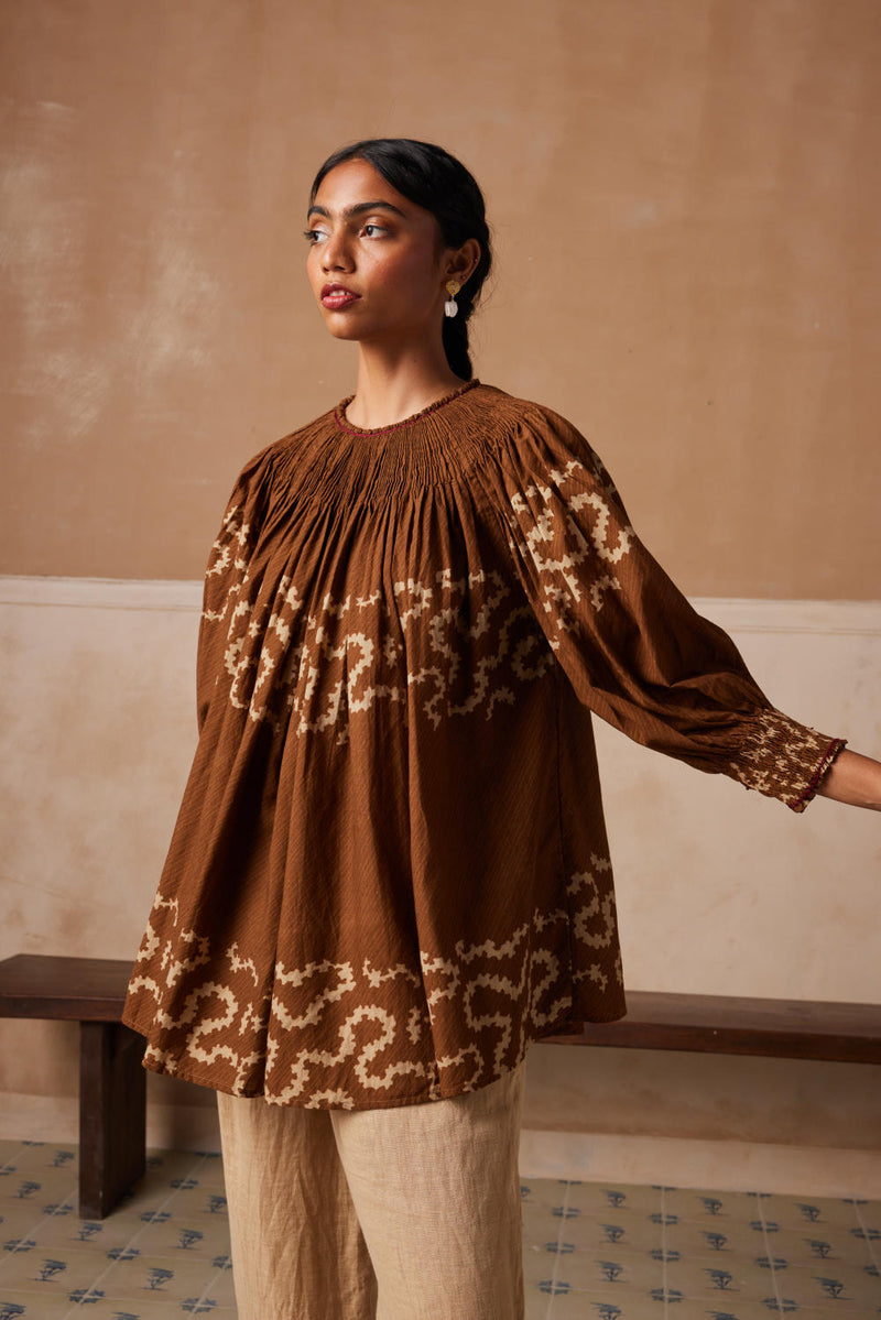 Gathered Top-Tan Spiral cotton by CORD for women in Singapore