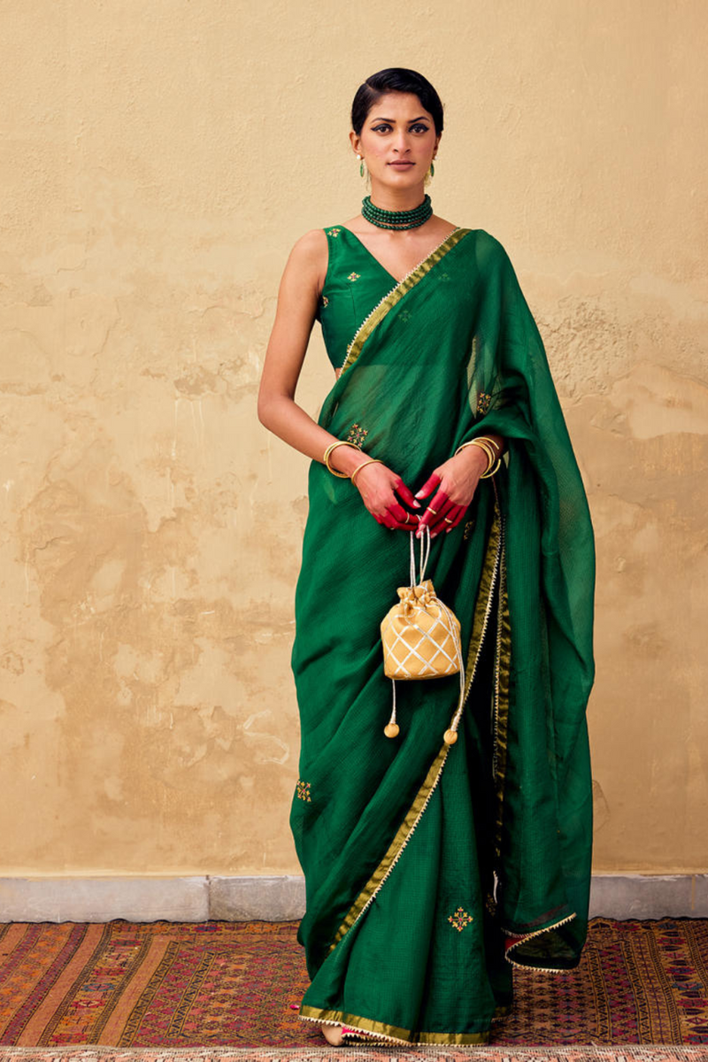 Ghazal Saree with Blouse piece silk by Khara Kapas in green for women in Singapore
