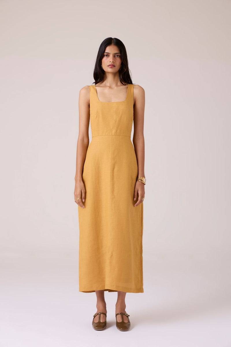 Glasswing Mustard Linen Dress linen by The Summer House in mustard color for women in Singapore